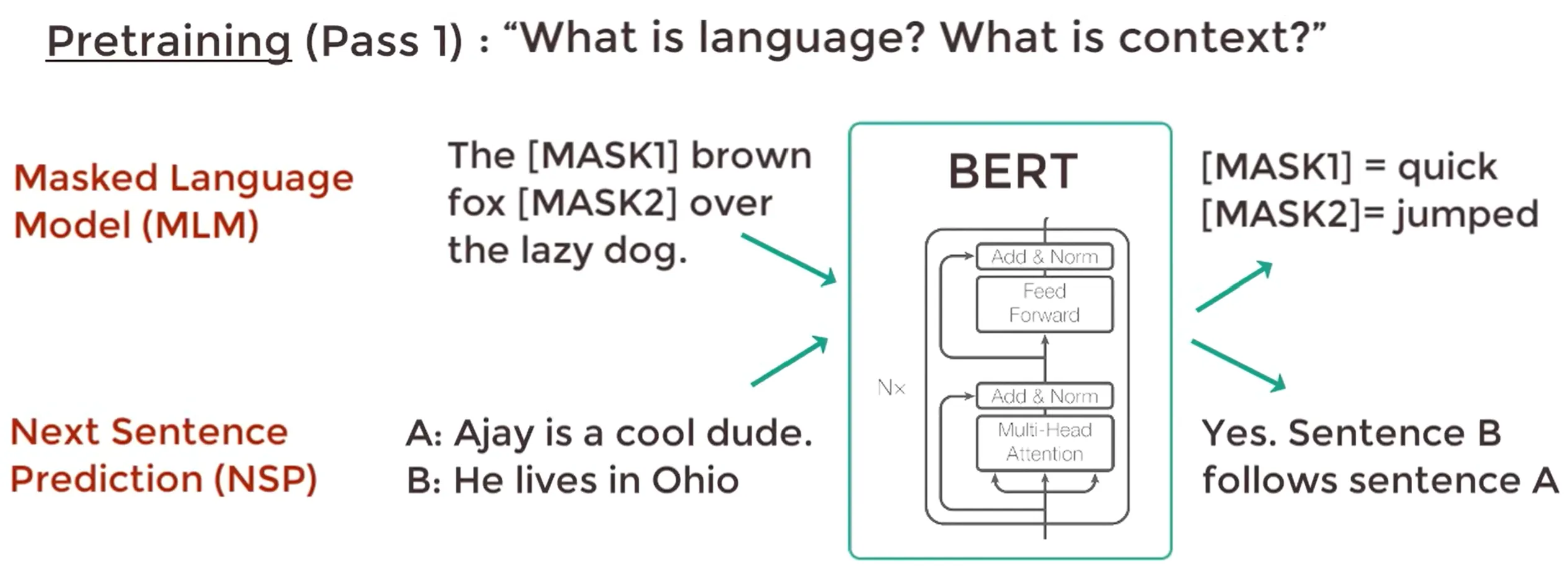 Masked language modeling and next sentence prediction objectives
